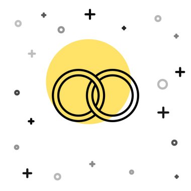 Siyah çizgi alyans simgesi beyaz arkaplanda izole edildi. Gelin ve damat mücevher tabelası. Evlilik sembolü. Elmas yüzük. Rastgele dinamik şekiller. Vektör.