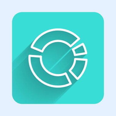 Beyaz çizgi pasta grafiği bilgi simgesi uzun gölgeli izole edildi. Diyagram çizelgesi. Yeşil kare düğmesi. Vektör.