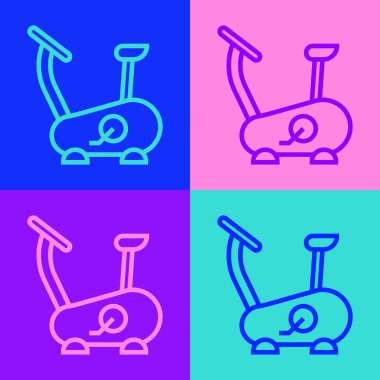 Pop Art Line Durağan bisiklet simgesi renk arkaplanında izole edildi. Egzersiz bisikleti. Vektör.