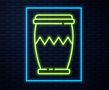 Parlayan neon hattı Drum simgesi tuğla duvar arka planında izole edildi. Müzik işareti. Müzik aleti sembolü. Vektör.