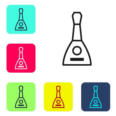 Beyaz arka planda siyah çizgi müzik aleti Balalaika simgesi izole edildi. Renkli kare düğmelerle simgeleri ayarla. Vektör.