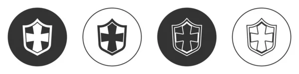 白の背景に隔離されたブラックシールドアイコン 警備員のサイン セキュリティ 安全性 プライバシーの概念 丸ボタン ベクトル — ストックベクタ