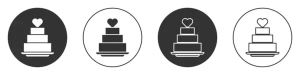 黑色婚礼蛋糕与心脏图标隔离在白色背景 圆形按钮 — 图库矢量图片