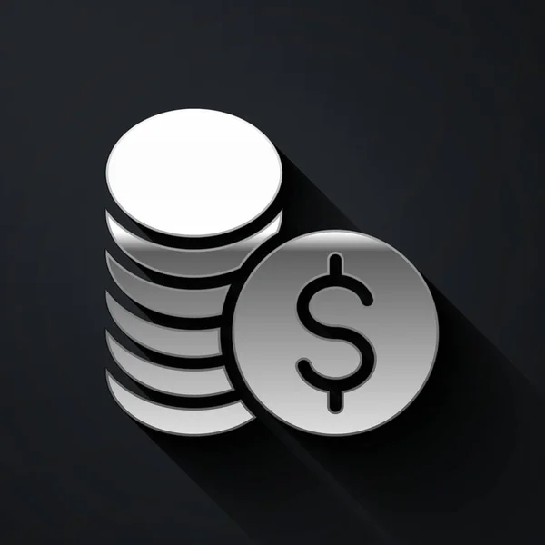 Zilveren Munt Geld Met Dollarsymbool Pictogram Geïsoleerd Zwarte Achtergrond Bancaire — Stockvector