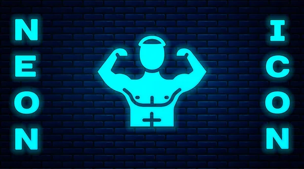 Glödande Neon Bodybuilder Visar Sina Muskler Ikonen Isolerad Tegelvägg Bakgrund — Stock vektor