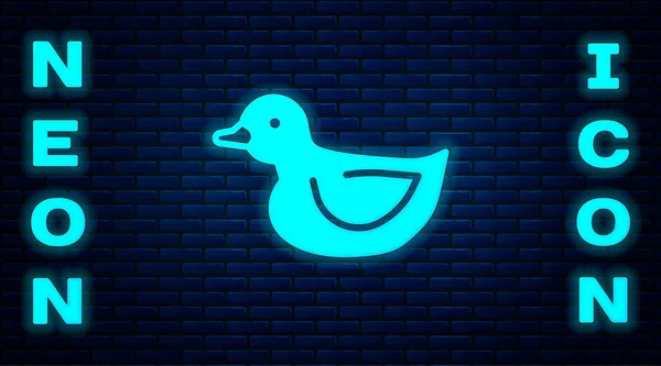 Icono Pato Goma Neón Brillante Aislado Fondo Pared Ladrillo Vector — Archivo Imágenes Vectoriales