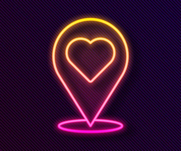 Glödande Neon Linje Karta Pekare Med Hjärta Ikon Isolerad Svart — Stock vektor