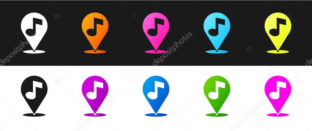 Set Location musical note icon isolated on black and white background. Music and sound concept.  Vector.
