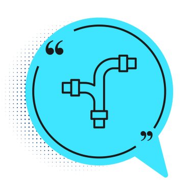 Siyah çizgi sanayi metalik boru ikonu beyaz arka planda izole edildi. Tesisat boru hattının farklı şekillerde parçaları. Mavi konuşma balonu sembolü. Vektör.