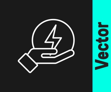 Beyaz çizgi Şimşek simgesi siyah arkaplanda izole edildi. Flaş işareti. Flaş ikonunu yükle. Gök gürültüsü. Yıldırım çarpması. Vektör.