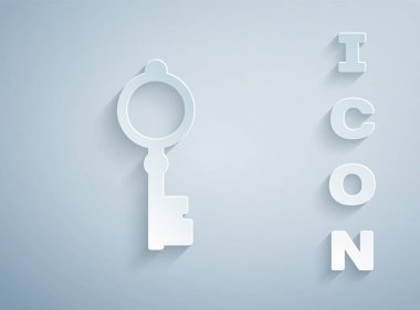 Kağıt kesiği Gri arkaplanda eski anahtar simgesi izole. Kağıt sanatı tarzı. Vektör İllüstrasyonu.