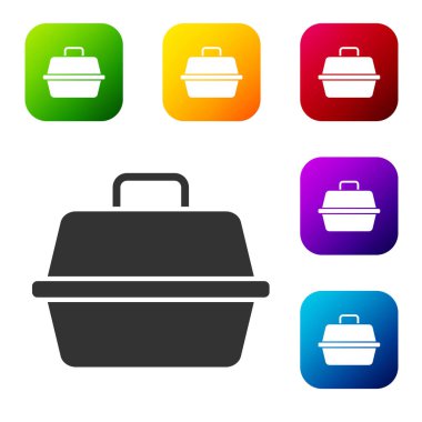 Beyaz arkaplanda siyah hayvan çantası simgesi var. Hayvanlar, köpekler ve kediler için taşıyıcı. Hayvanlar için konteynır. Hayvan taşıma kutusu. Renkli kare düğmelerle simgeleri ayarla. Vektör.