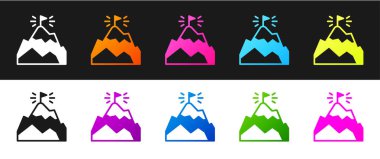 Siyah ve beyaz arkaplanda izole edilmiş bayrak simgesine dağları yerleştir. Zaferin ya da başarının sembolü. Gol başarısı. Vektör.