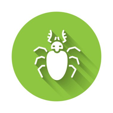 Beyaz Böcek geyiği ikonu uzun gölgeli izole edilmiş. Boynuzlu böcek. Büyük böcek. Yeşil daire düğmesi. Vektör.