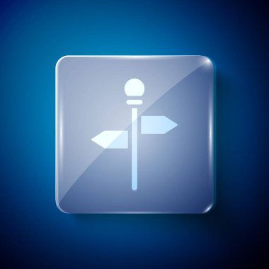 Beyaz Yol trafik tabelası. Mavi arkaplanda işaretleme simgesi izole edildi. İşaretçi sembolü. Sokak bilgi tabelası. Yön tabelası. Kare cam paneller. Vektör.