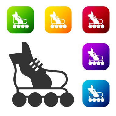 Beyaz arka planda siyah paten ikonu izole edildi. Renkli kare düğmelerle simgeleri ayarla. Vektör.