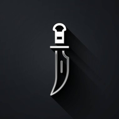 Gümüş Hançer simgesi siyah arka planda izole edildi. Bıçak ikonu. Keskin bıçaklı kılıç. Uzun gölge tarzı. Vektör.