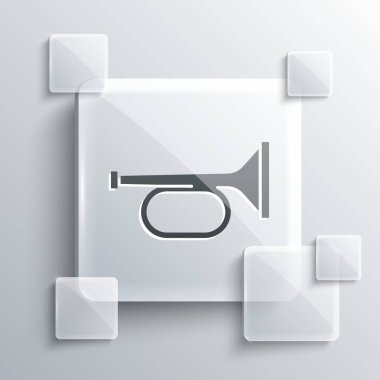 Gri arka planda gri Trompet simgesi izole edildi. Müzik aleti trompeti. Kare cam paneller. Vektör.