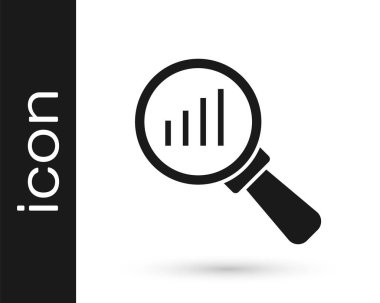 Beyaz zemin üzerinde siyah büyüteç ve veri analiz simgesi izole edildi. Vektör.