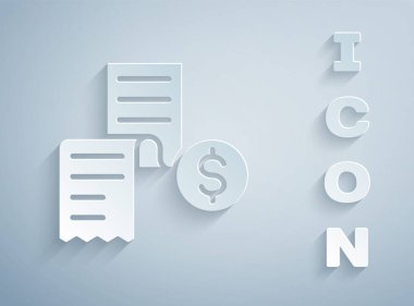 Kağıt kesiği ya da mali kontrol simgesi gri arka planda izole edilmiş. Kağıt baskı çeki, makbuz ya da fatura. Kağıt sanatı tarzı. Vektör.