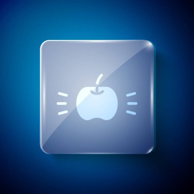 Beyaz Elma simgesi mavi arkaplanda izole edildi. Yaprak sembollü meyve. Kare cam paneller. Vektör.