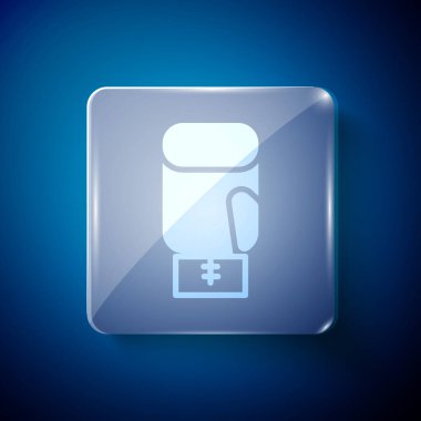 Mavi arka planda beyaz boks eldiveni simgesi izole edildi. Kare cam paneller. Vektör.