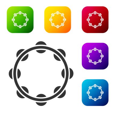 Siyah müzik aleti perküsyon tef, metal plaka ikonu beyaz arka planda izole. Renkli kare düğmelerle simgeleri ayarla. Vektör.