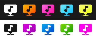 Konuşma baloncuğu simgesinde siyah ve beyaz arkaplanda izole edilmiş müzikal notayı ayarla. Müzik ve ses konsepti. Vektör.