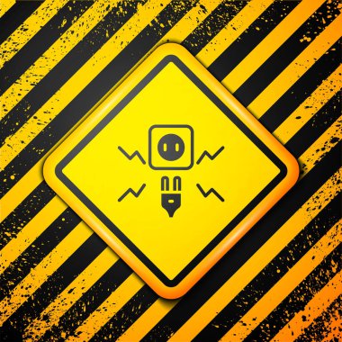 Sarı arka planda izole edilmiş elektrik bujisi ve elektrik kıvılcımı ikonu. Uyarı işareti. Vektör.