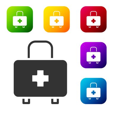 Siyah ilk yardım çantası simgesi beyaz arkaplanda izole edildi. Haçlı sağlık kutusu. Acil durumlar için tıbbi ekipman. Sağlık sigortası konsepti. Renkli kare düğmelerle simgeleri ayarla. Vektör.