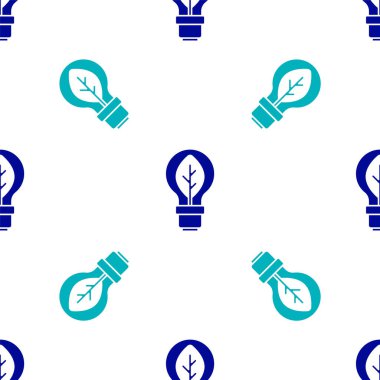 Yaprak simgesine sahip mavi ampul beyaz arka planda izole edilmiş pürüzsüz desen. Çevre enerjisi kavramı. Alternatif enerji kavramı. Vektör.