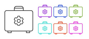 Beyaz arkaplanda siyah çizgi araç kutusu simgesi izole edildi. Alet kutusu tabelası. Simgeleri renklendirin. Vektör İllüstrasyonu.