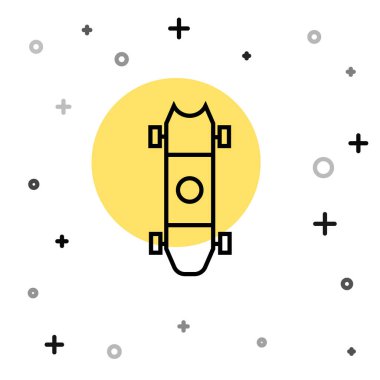 Siyah hat Longboard veya kaykay kruvazörü simgesi beyaz arka planda izole edildi. Olağanüstü bir spor. Spor malzemeleri. Rastgele dinamik şekiller. Vektör İllüstrasyonu.