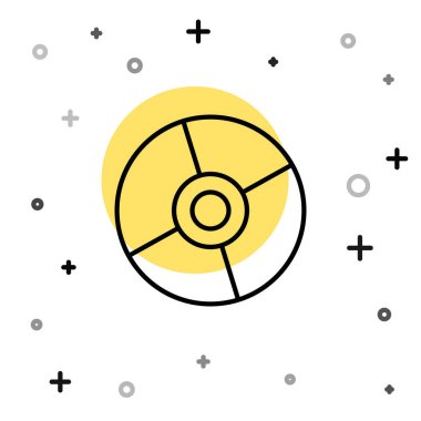 Beyaz arkaplanda siyah çizgi CD veya DVD disk simgesi izole edildi. Küçük disk işareti. Rastgele dinamik şekiller. Vektör İllüstrasyonu.