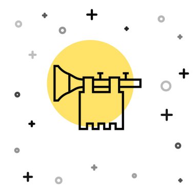 Beyaz zemin üzerinde bayrak simgesi olan siyah çizgi Trompet. Müzik aleti trompeti. Rastgele dinamik şekiller. Vektör.