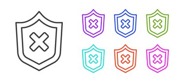 Beyaz arkaplanda çapraz iz simgesi olan siyah çizgi kalkanı. Kalkan ve reddedildi. Reddetme bildirimi. Simgeleri renklendirin. Vektör.