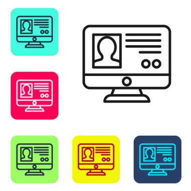 Siyah çizgi Beyaz arkaplanda izole hesap ekranı simgesi oluştur. Renkli kare düğmelerle simgeleri ayarla. Vektör.