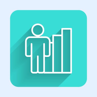 Beyaz çizgi Üretken insan ikonu uzun gölgeli izole edilmiş. Fikir çalışması, başarı, üretkenlik, vizyon ve verimlilik kavramı. Yeşil kare düğmesi. Vektör.