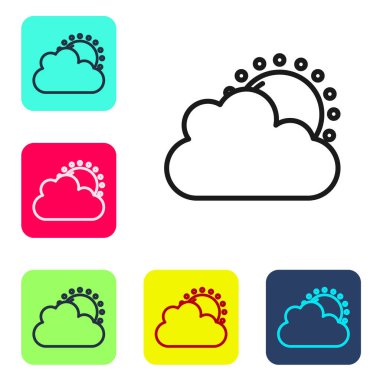 Siyah çizgi güneşi ve bulutlu hava durumu ikonu beyaz arkaplanda izole edildi. Renkli kare düğmelerle simgeleri ayarla. Vektör.