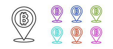 Siyah çizgi konum bitcoin simgesi beyaz arkaplanda izole edildi. Madeni para. Engelleme zinciri tabanlı şifreli para birimi. Simgeleri renklendirin. Vektör.