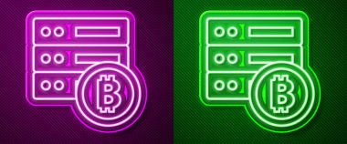 Parlayan neon hattı sunucu bitcoin simgesi mor ve yeşil arkaplanda izole edildi. Vektör.
