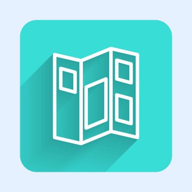 Beyaz çizgi müze rehberi broşürü uzun gölgeli. Sergi rehberi. Broşür, broşür, broşür. Yeşil kare düğmesi. Vektör.