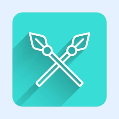 Beyaz çizgi ortaçağ mızrakları ikonunu uzun gölgelerle izole etti. Ortaçağ silahı. Yeşil kare düğmesi. Vektör.