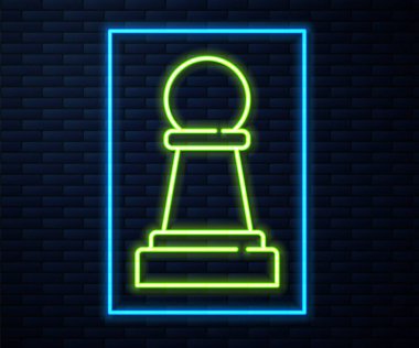 Parlayan neon hattı satranç ikonu tuğla duvar arka planında izole edildi. İş stratejisi. Oyun, yönetim, finans. Vektör.