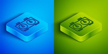 Isometric çizgi Zaman satranç saati simgesi mavi ve yeşil arka planda izole. Spor malzemeleri. Kare düğmesi. Vektör.