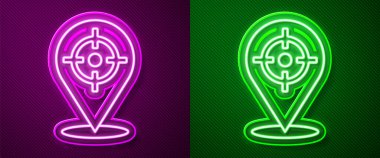Parlayan neon hattı hedef spor simgesi mor ve yeşil arkaplanda izole edildi. Atış mesafesi ya da atış mesafesi için sayıları olan temiz bir hedef. Vektör.