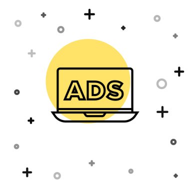 Beyaz arkaplanda siyah çizgi reklam simgesi izole edildi. Pazarlama ve tanıtım süreci kavramı. İlgili reklamlar. Sosyal medya reklamcılığı. Rastgele dinamik şekiller. Vektör.