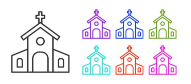 Siyah çizgi kilise binası ikonu beyaz arka planda izole edilmiş. Hıristiyan Kilisesi. Kilisenin dini. Simgeleri renklendirin. Vektör.