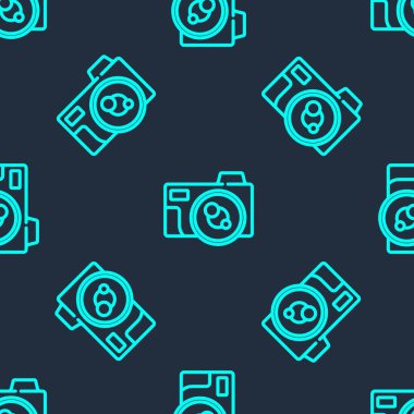 Yeşil çizgi fotoğraf makinesi ikonu mavi arkaplanda kusursuz desen izole etti. Fotoğraf makinesi simgesi. Vektör.