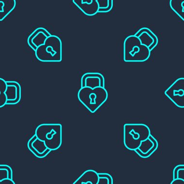 Kalp ikonu şeklindeki yeşil çizgi Castle mavi arkaplandaki kusursuz deseni izole etti. Kilitli Kalp. Aşk sembolü ve anahtar deliği işareti. Vektör.